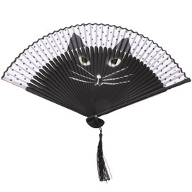 Black Cat Folding Fan - Cartoon Cat Handheld Bamboo Silk Folding Fan Chinese Japanese Vintage Fan Tea Ceremony Dancing Props