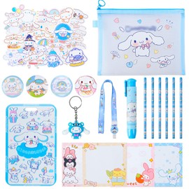 Cin-namorol Stationery Set, Cute School Supplies with Stickers Pencils Badge Pen-Style Eraser Sticky Note Keychain and Lanyard with ID Badge, Kawaii Stationery Back to School Gift for Boys Girls