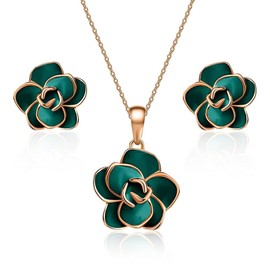 EVEVIC Rose Flower Necklace Earrings Set for Women 18K Gold Plated Hypoallergenic Jewelry Sets (Green)