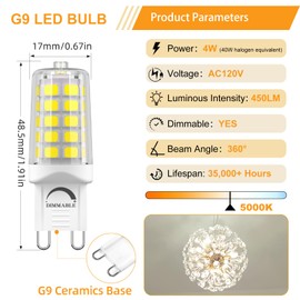 BAOMING G9 LED Bulb Dimmable 4W (40W Equivalent) - 5000K Daylight White, No Flicker, 4520LM, Ceramic Base - Great for Workshop, Studio, Garage, Craft Room - 12 Pack