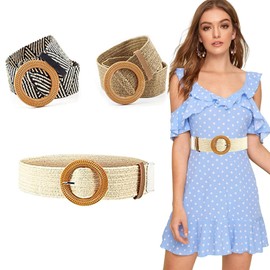 Basetousual Pack of 3 Women's Braided Belts, Belt for Dress, Waist Belt, Wide, Straw Woven in Ethnic Style, Braided Belt, Stretch Belt, for Women Dress (White, Khaki, Colour Block), White, khaki,