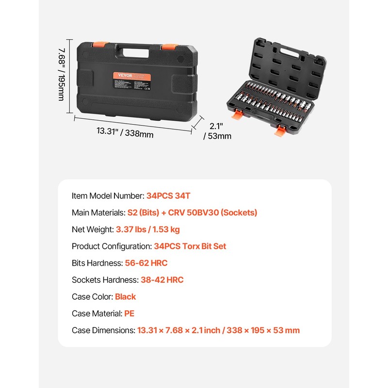 VEVOR Torx Bit Socket Set, 34-Piece Solid Star and Tamper