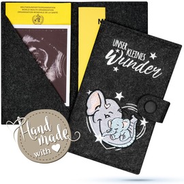 Emadele Mother and Child Passport Cover Elephant 'Unser Kleines Wunder' Anthracite Felt Handmade Maternity Log Cover Organiser Compartments for Ultrasound Images, Vaccination Certificate Cover Format