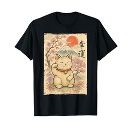 Japanese Anime Maneki Neko Waving Cat Good Luck Kanji Lucky T-Shirt