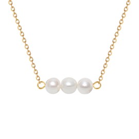 Triple Genuine Pearl Collar Choker - Bridal Mom White Genuine 3 Little Pearl Jewelry Necklace on Stainless Steel Chain Bridesmaid Gifts Anniversary 6mm Pearl Necklace Thin with Love