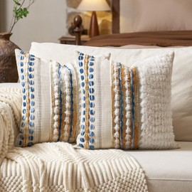 Aeckself Boho Chenille Tufted Throw Pillow Covers 18x18 Inch Set of 2, Farmhouse Decorative Striped Square Pillow Covers Accent Neutral Pillowcase for Living Room Couch Bed, Caramel Brown Blue