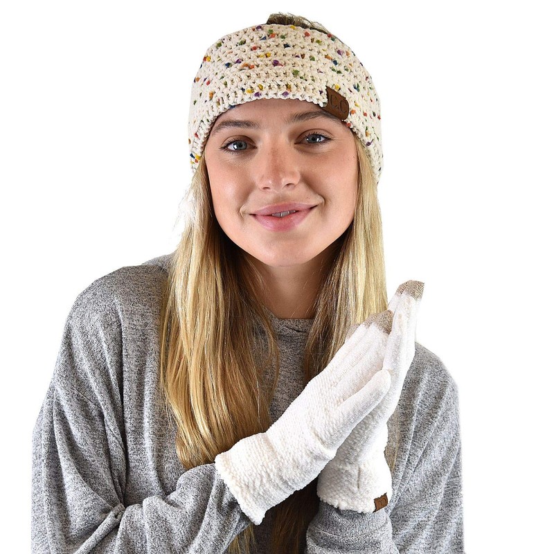 C.C Winter Warm Eco-Friendly Knit Chenille Touchscreen Texting Gloves, Ivory