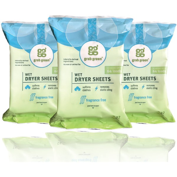 Grab Green Natural Wet Dryer Sheets, Reusable & Compostable, 64 Loads (3-Pack), Fragrance Free, Unscented/Free & Clear, Fabric Softener & Static-Reducer