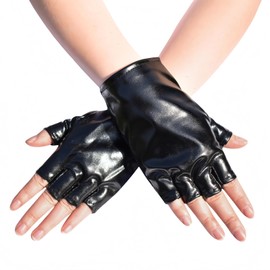 Hybursky PU Leather Fingerless Gloves for Men Women Half Finger Short Glove Shiny Metallic Wetlook Punk Gloves Cosplay Hollow Dance Mittens 80's Disco Party Costume, Black