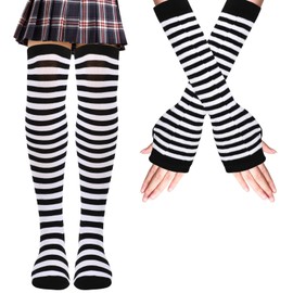 Mayoii Thigh High Socks Fingerless Gloves Set, Long Socks for Women Girls Arm Leg Warmer, Striped Knee High Stockings (Black and White Stripes)