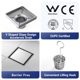 Bernkot Square Shower Drain 4" with 2" PVC Flange Base, 304 Stainless Steel Tile in Floor Drain w/Tiled Insert Grate & Hair Catcher, CUPC Certified, Brushed (Brushed, 4'')