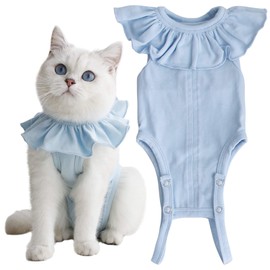 KUVEELA Cute Pet Post-Surgery Suit, Rehabilitation Clothing For Female Cats, Alternative to Elizabethan Collar, Protective Clothing, Cover, Sterilization, Weaning, Prevents Licking, Breathable, Blue (M)