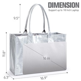 KALIDI PVC Tote Bag Women’s Kraft Paper Work Handbags Purses with Top Handle,Silver