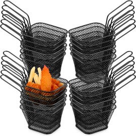 Potchen 24 Pcs Mini Square Fry Basket Stainless Steel French Fries Holder Deep Fryer Baskets Square Mesh Food Holder with Handle Table Serving Chips Baskets for Kitchen Restaurant Barbecue (Black)