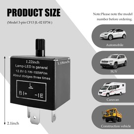 BWBWND CF13 LED Electronic Flasher Relay, 12V 3-Pin CF13 EP34 Turn Signal Relay Fix w/Speed Adjustable Function, Auto Light Bulb Relays for Led Lights Hyper Blink Flash No Flash Problem
