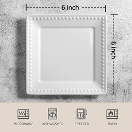 Wareland Embossed Ceramic Appetizer & Dessert Plates - Set of 6, 6 inch White Square Dinner Plates for Snack & Restaurant, Dishwasher & Microwave Safe