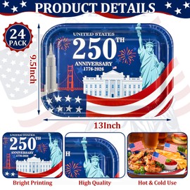 TURNMEON 24 Count 250th Anniversary USA Paper Plates 13 x 9.5 inch Disposable American Flag Patriotic Party Snack Trays 4th of July Party Supplies for Independence Day Memorial Day Decoration