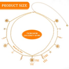 MBAIYO Double Layer Metal Waist Chain, Adjustable Waist for Women Link Chain Moon and Sun Multilayer Skinny Chains Waistband Moon and Sun Belly Waist Decor Belts