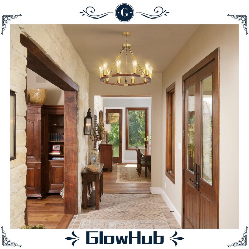 Wagon Wheel Chandelier Gold 10-Light Farmhouse Pendant Light Wood Grain