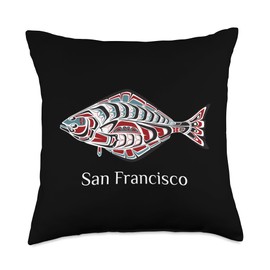 San Francisco CA Native American Tribal Halibut San Francisco California Halibut PNW Native American Indian Throw Pillow, 18x18, Multicolor