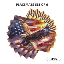 Arevigh American Flag Placemats Set of 6 Washable Table Bald Eagle Heat-Resistant Cotton Linen Place Mats for Dining Table Kitchen Indoor Outdoor Party Holiday Decor