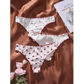 SHENHE Women's 3 Packs Underwear Heart Print Cute Panties Lettuce Trim Mid Rise Comfy Briefs Burgundy S