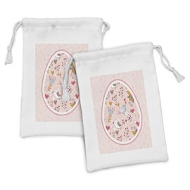 Ambesonne Floral Fabric Pouch Set of 2, Tones Botanical Art with Birds and Flowers in Egg Shaped Frame, Small Drawstring Bag for Toiletries Masks and Favors, 9" x 6", Rose Multicolor