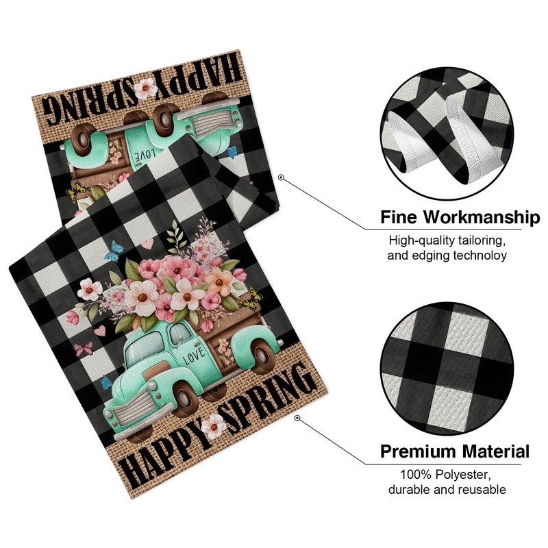 Spring Table Runner, Buffalo Plaid Truck Flowers Happy Easter Table
