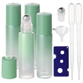 SESENSE Essential Oil Roller Bottles, 10ml Thick Glass Perfume Roller Bottles with Funnel Opener and Dropper Colored Glass Empty Bottles with Stainless Steel Roller Balls (Green, 4 Pack)