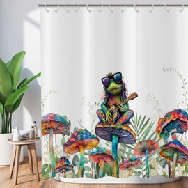 ASDCXZ Funny Shower Curtain 180 x 200 cm, Funny Punk Frog Playing Guitar Colourful Mushroom Flowers Leaves Bathroom Washable Shower Curtains Polyester Textile Waterproof Bath Curtain for Bath with 12