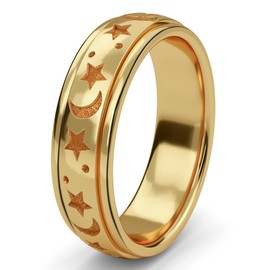 Fidget Ring - 925 Sterling Silver Anxiety Rings - Spinner Rings for Women & Men - 360° Spinning Rotatable Ring to Relieve Stress & Worry - Moon & Star Design - 14K Yellow Gold Vermeil - Size J