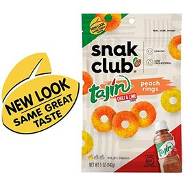 Snak Club Tajin Peach Rings, Sweet and Spicy Gummy Snacks, 5oz Resealable Bag, 6 Count