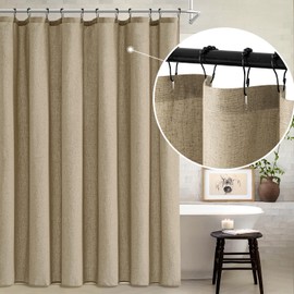 MIULEE Linen Shower Curtain with 12 Metal Hooks Washable Country Boho Farmhouse Heavy Buttonhole Fabric Shower Curtain Set Thick Cloth Neutral Waterproof Curtains for Bathroom W72*L80, Khaki
