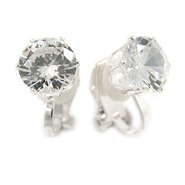 8mm/ Clear Round Cut Cz Clip On Earrings/Silver Tone