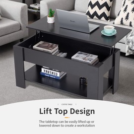 FDW Lift Top Coffee Table with Hidden Compartment and Storage Shelf Wooden Lift Tabletop for Home Living Room Reception Room Office (Black)