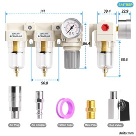 TAILONZ PNEUMATIC 1/4 Inch BSP 3 in 1 Air Filter Pressure Regulator Combo Piggyback, Air Tool Compressor Filter with Pressure Gauge AF2000 + AF2000 + AR2000