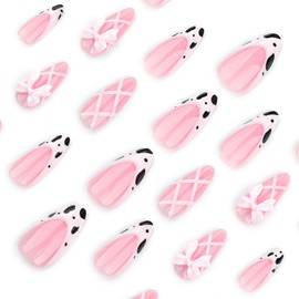 24 Pcs Spring Press on Nails Short Almond,YIHONGYAN Fake Nails Press ons 3D Pink French Nail Art Tip Acrylic Kit Glue on Nails Full Cover False Nails Butterfly Spotted Design Stick on Nails for Woman