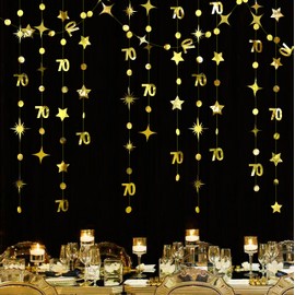 Gold 70th Birthday Decorations Number 70 Circle Dot Twinkle Star Garland Metallic Hanging Streamer Bunting Banner Backdrop for Seventieth Anniversary Women and Mens 70 Year Old Birthday Party Supplies