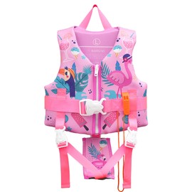 Elejolie Toddler Swim Vest for 1-9+ Years, Water Safety Aid Jacket with Crotch Adjustable Belt, Floaties for 20-90 lbs, Great for Pool, Beach, Boats, Summer Vacations & Water Parks (Pink-L)