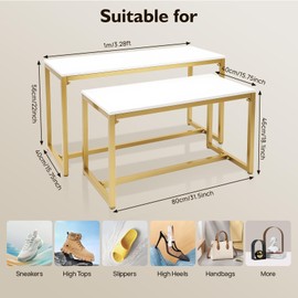 CeRaBuRET Metal Shoe Handbag Display Stand, Nesting Tables 2 Piece Set, Gold and White Display Riser Shelf, Retail Display Tables, Handbags Shelf for Home Clothing Shop Hotel
