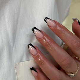 KQueenest 30 Pcs Black French Tip Press on Nails Medium Coffin Nails Press ons, Natural Nude Gel Fake Nails Acrylic, Glue on Nails Medium Ballerina, Classy French Tip Nails for Women DIY Manicure