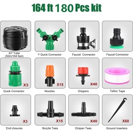 Drip Irrigation System, 164FT 180pcs Garden Irrigation System 1/4, Blank Distribution Tubing Watering Drip Kit Automatic Irrigation Equipment for Garden Greenhouse, Flower Bed,Patio,Lawn (164FT)