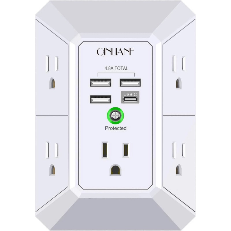 QINLIANF 5 Outlet Extender Surge Protector Multi Plug Wall Adapter