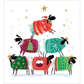 Woodmansterne Artistic Charity Christmas Cards - Tower of Sheep Wearing Woolly Jumpers - Eco-Friendly & Recyclable - Pack of 5 Cards