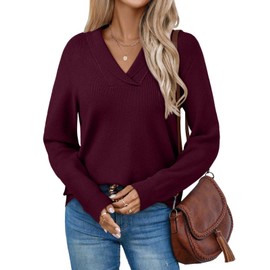 LILLUSORY V Neck Lightweight Sweaters for Women Fall Fashion 2025 Outfits Pullover Tops Trendy Tunic Long Sleeve Shirts Wine Red L