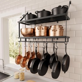 KES 30-Inch Silver Gray Pot Rack Wall Mounted, 2-Tier Hanging Pot and Pan Organizer with 12 Sturdy Hooks, Kitchen Wall Hanger Shelves Modern, KUR215S75B-SG