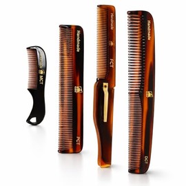 Juego de peine de concha de tortuga hecho a mano – Paquete de 4 peines de dientes finos premium para hombres y mujeres – Incluye bolsillo, plegable, a