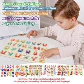 Scienraise 6PCS Wooden Peg Puzzle Toys for Toddlers, Toddler Puzzles Set for Age 2 3 4 5 Years Old, Educational Learning Sensory Toy, Dinosaur Ocean Alphabet Number Shape Animal Fruit Puzzles