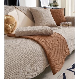 Huierxun Luxury Vintage Cotton Embroidery Sofa Cover Soft Farmhouse Seat Cushion Cover Floral Quilted Sectional Couch Cover Anti-Slip Sofa Slipcovers Furniture Protector for Dogs Cats (Khaki,28"x82")