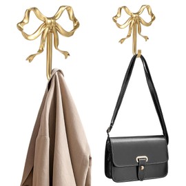 2 PCS Gold Bow Hooks for Wall - Bowknot Wall Hooks, Elegant Golden Bow Wall Hanger, Home Decorative Hook, Wall Mounted Metal Hook for Coat Hat Towel, Multipurpose Hook for Entryway Bedroom Bathroom